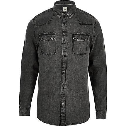 River Island Mens Acid Wash Long Sleeve Denim Shirt