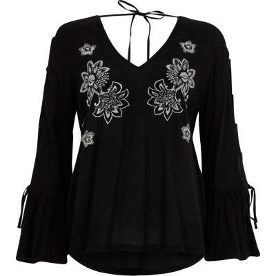 River Island Womens Floral Embroidered Tie Sleeve Top