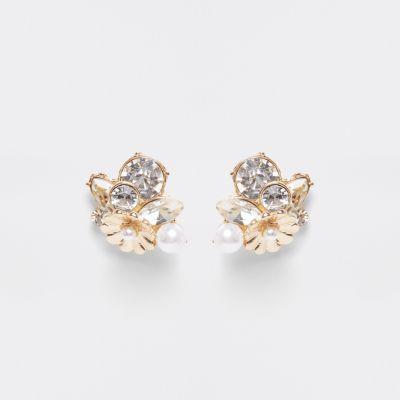 River Island Womens Gold Tone Diamante Pearl Cluster Earrings
