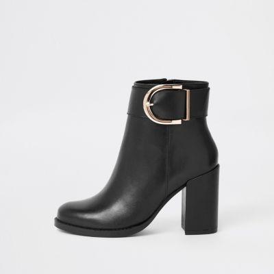 River Island Womens Leather Buckle Block Heel Boot
