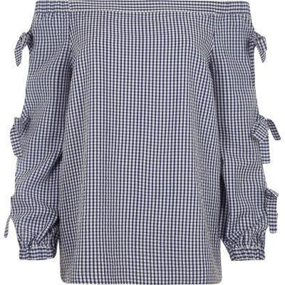 River Island Womens Check Print Bow Sleeve Bardot Top