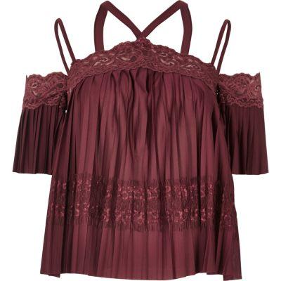 River Island Womens Lace Pleated Cold Shoulder Top