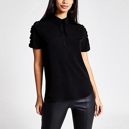 River Island Womens Bow Collar Short Frill Sleeve Top