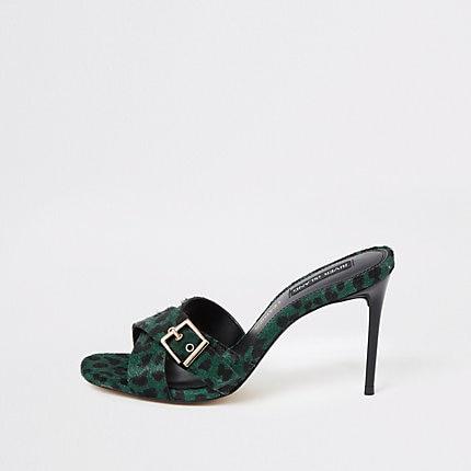 River Island Womens Leather Leopard Print Heel Mules