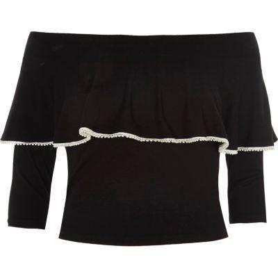River Island Womens Faux Pearl Trim Frill Bardot Top