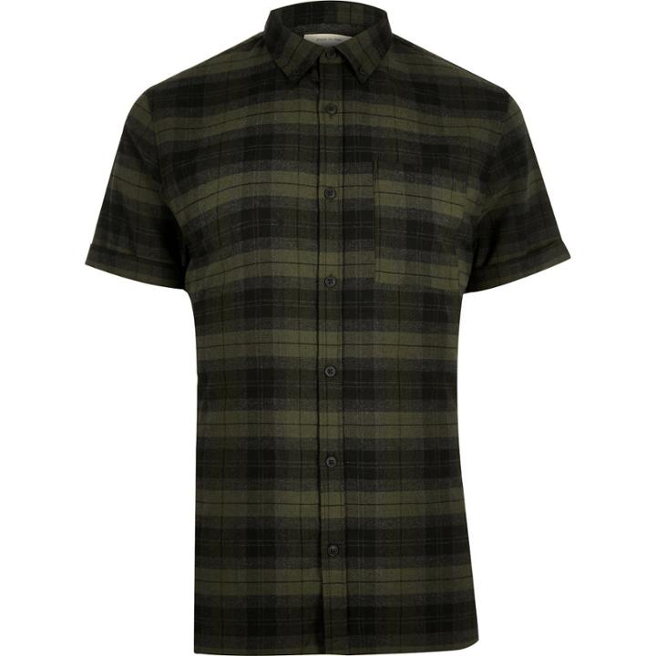 River Island Mensgreen Casual Check Short Sleeve Slim Shirt