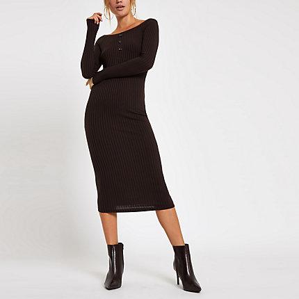 River Island Womens Rust Scoop Neck Ribbed Bodycon Midi Dress