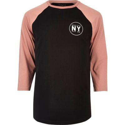 River Island Mensblack Ny Print Raglan Long Sleeve T-shirt