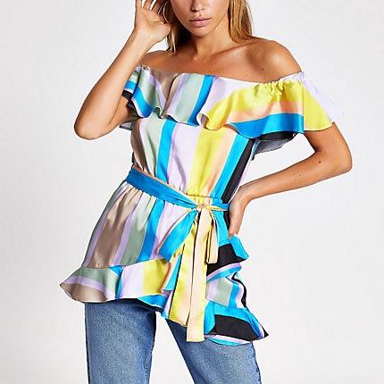 River Island Womens Stripe Print Frill Bardot Top
