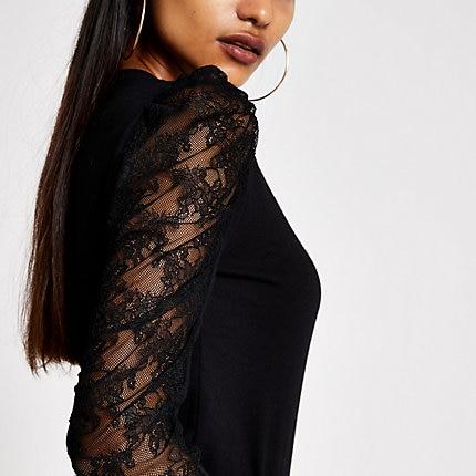 River Island Womens Petite Long Lace Puff Sleeve T-shirt