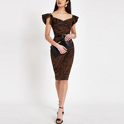 River Island Womens Tiger Print Bodycon Midi Dress