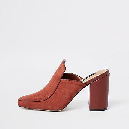 River Island Womens Rust Suede Wide Fit Block Heel Mules