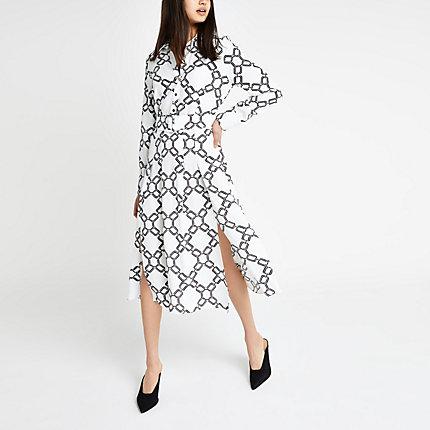 River Island Womens White Print Midi Shirt Dress