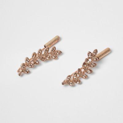 River Island Womens Rose Gold Tone Leaf Rhinestone Bar Earrings
