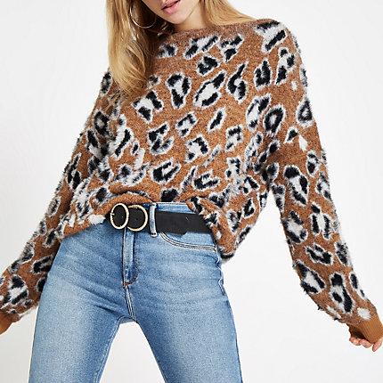 River Island Womens Leopard Print Slash Neck Jumper