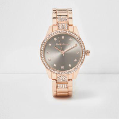 River Island Womens Gold Tone Diamante Encrusted Watch