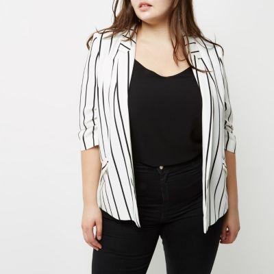 River Island Womens Plus White Striped Ruched Sleeve Blazer