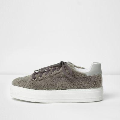 River Island Womens Fleece Lace-up Flatform Sneakers