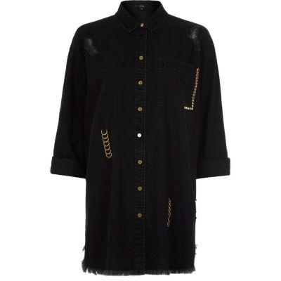 River Island Womens Ripped Ring Oversized Denim Shirt