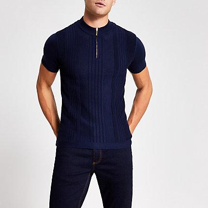 River Island Mens Textured Slim Fit Half Zip T-shirt