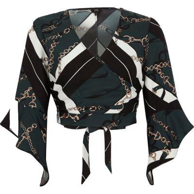 River Island Womens Scarf Chain Print Cropped Wrap Blouse