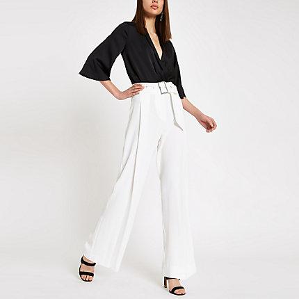 River Island Womens Rhinestone Buckle Wide Leg Pants