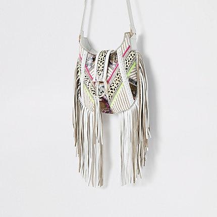 River Island Womens White Leather Animal Print Tassel Bag
