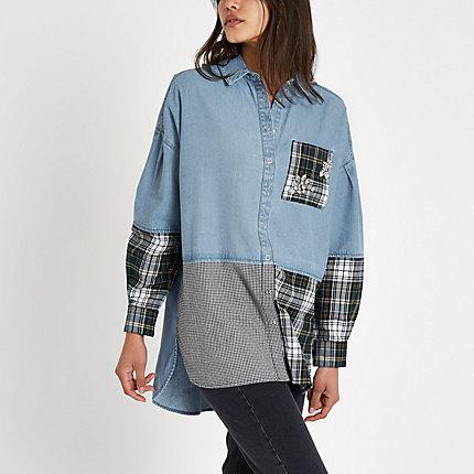 River Island Womens Check Rhinestone Patchwork Denim Shirt