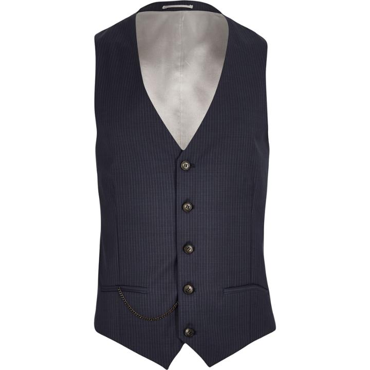 River Island Mensblue Wool-blend Pin Stripe Slim Waistcoat