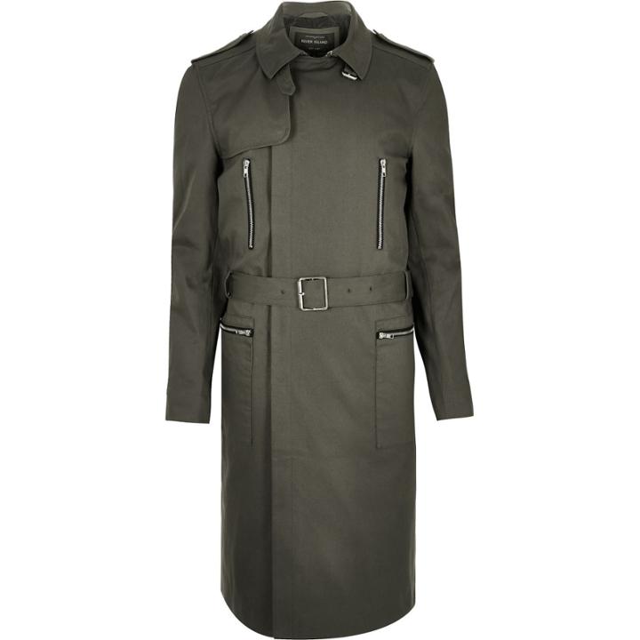 River Island Mensgreen Smart Belted Mac Coat