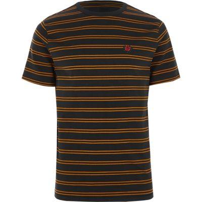 River Island Mens Stripe Rose Chest Embroidered T-shirt