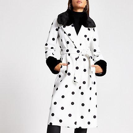 River Island Womens Polka Dot Faux Fur Trim Robe Coat