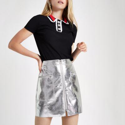River Island Womens Rib Diamante Button Collar Top