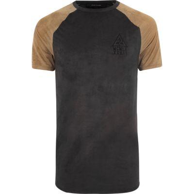 River Island Mens And Tan Faux Suede Raglan T-shirt