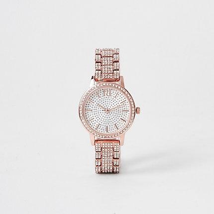 River Island Womens Rose Gold Rhinestone Encrusted Watch
