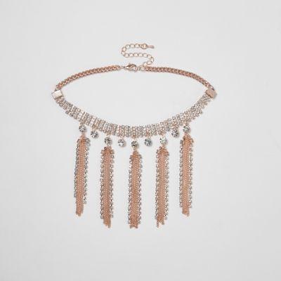 River Island Womens Rose Gold Tone Rhinestone Tassel Choker