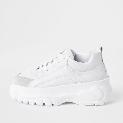 River Island Womens White Faux Leather Chunky Lace Up Sneakers