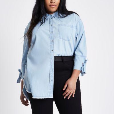 River Island Womens Plus Tie Sleeve Denim Shirt