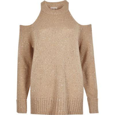 River Island Womens Nude Sequin Cold Shoulder Sweater