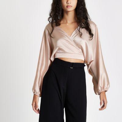 River Island Womens Wrap Front Balloon Sleeve Crop Top