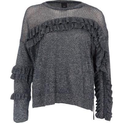 River Island Womens Dark Silver Lurex Knit Frill Front Jumper