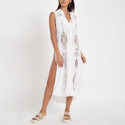 River Island Womens White Embroidered Maxi Beach Shirt Dress