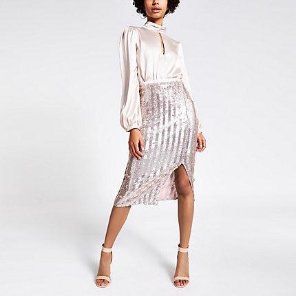 River Island Womens Sequin Stripe Pencil Midi Skirt