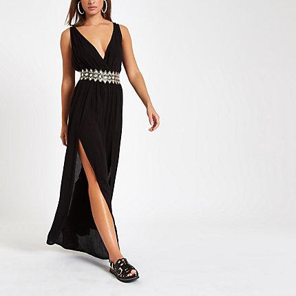 River Island Womens Plunge Diamante Waist Beach Jumpsuit