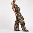 River Island Womens Leopard Print Pleated Wide Leg Pants
