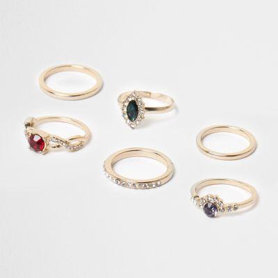 River Island Womens Gold Tone Jewel Ring Pack