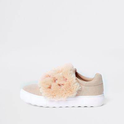 River Island Womens Faux Fur Gem Velcro Sneakers