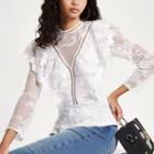 River Island Womens White Lace Long Sleeve Frill Top