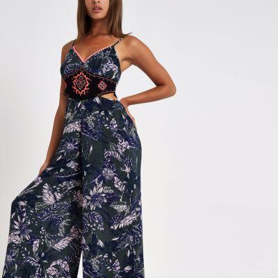 River Island Womens Palm Print Cut Out Beach Jumpsuit