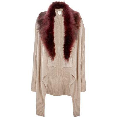 River Island Womens Faux Fur Collar Waterfall Cardigan